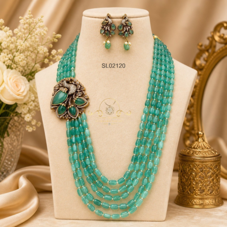 Five Row Green Bead Side Pendant Haram Set