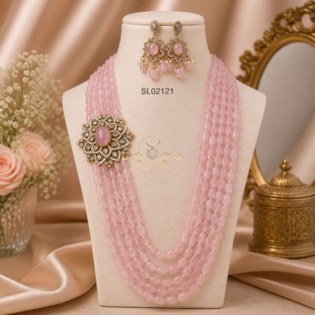 Five Row Pink Bead Side Pendant Haram Set