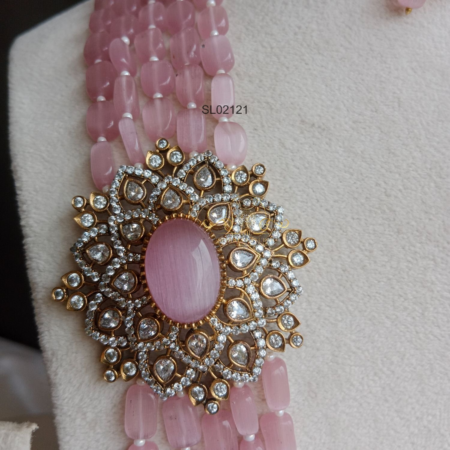 Five Row Pink Bead Side Pendant Haram Set