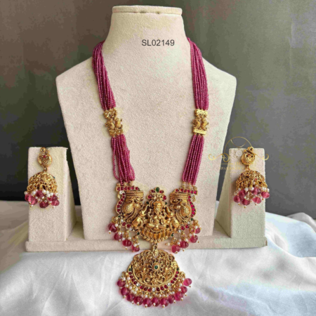 Pink Bead Lakshmi Haram with Pumpkin Bead Drops
