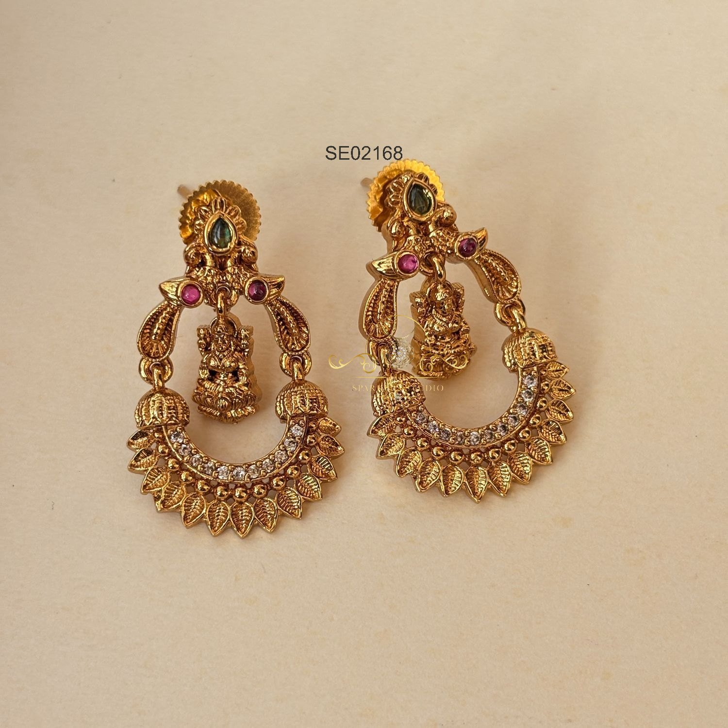2168_2.webp Antique Chandbali Earrings with Goddess Lakshmi Drops