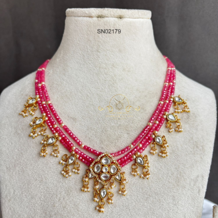 Three Line Pink Beads Necklace