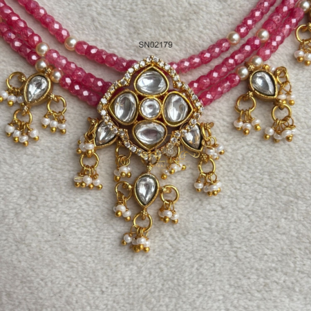 Three Line Pink Beads Necklace