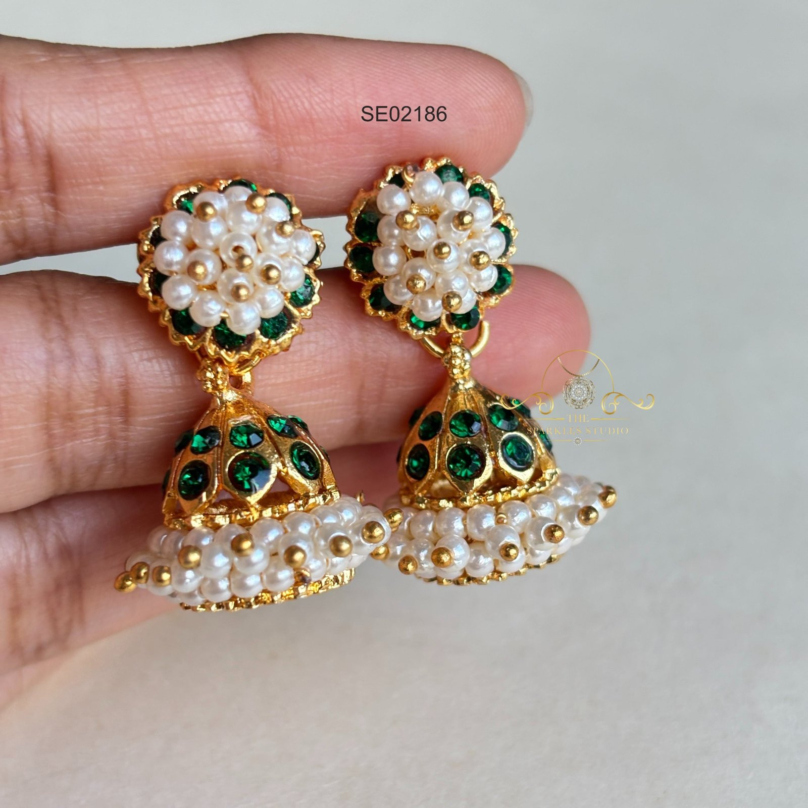 2186_2.webp Pearl Green Stone Jhumki