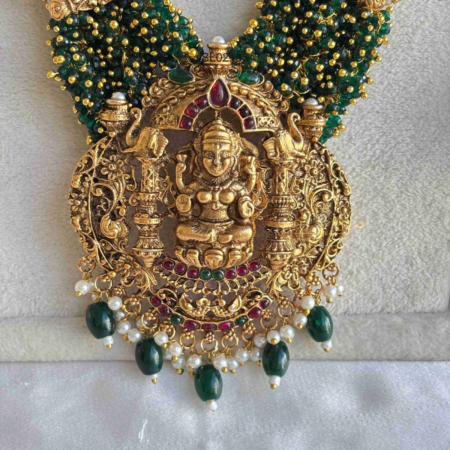 Grand Goddess Lakshmi Green Beads Haram